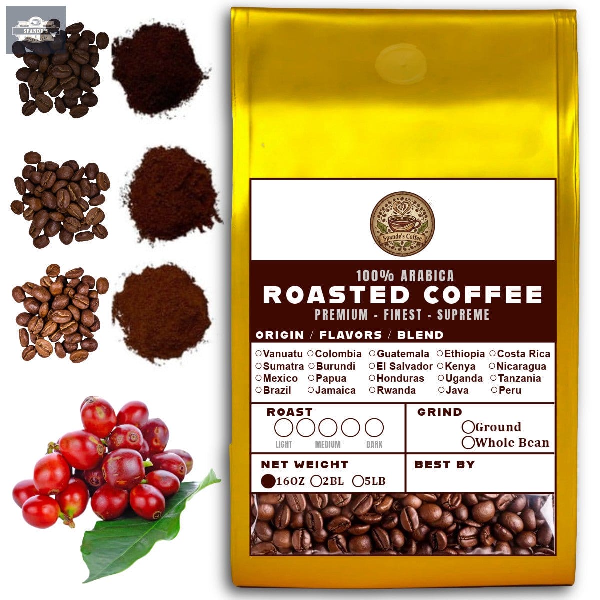 16 OZ Specialty Whole Bean and Ground Coffee Supreme Finest Artisan for Drips Cold Brew Espresso French Press Dark Medium Light Roast from Vanuatu Sumatra Ethiopia Brazil Kenya Colombia Guatemala Burundi Costa Rica East Java El Salvador Honduras etc