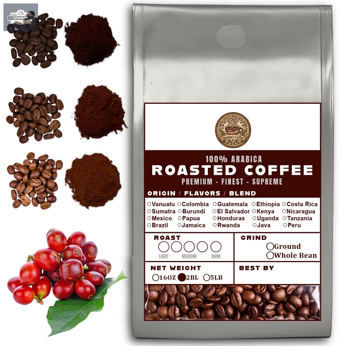 32 OZ 2LB Specialty Whole Bean and Ground Coffee Supreme Finest Artisan for Drips Cold Brew Espresso French Press Dark Medium Light Roast from Vanuatu Sumatra Ethiopia Brazil Kenya Colombia Guatemala Burundi Costa Rica East Java El Salvador Honduras etc