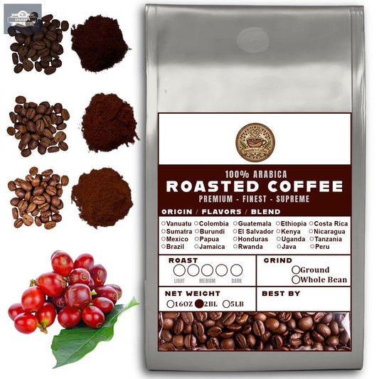 32 OZ 2LB Specialty Whole Bean and Ground Coffee Supreme Finest Artisan for Drips Cold Brew Espresso French Press Dark Medium Light Roast from Vanuatu Sumatra Ethiopia Brazil Kenya Colombia Guatemala Burundi Costa Rica East Java El Salvador Honduras etc